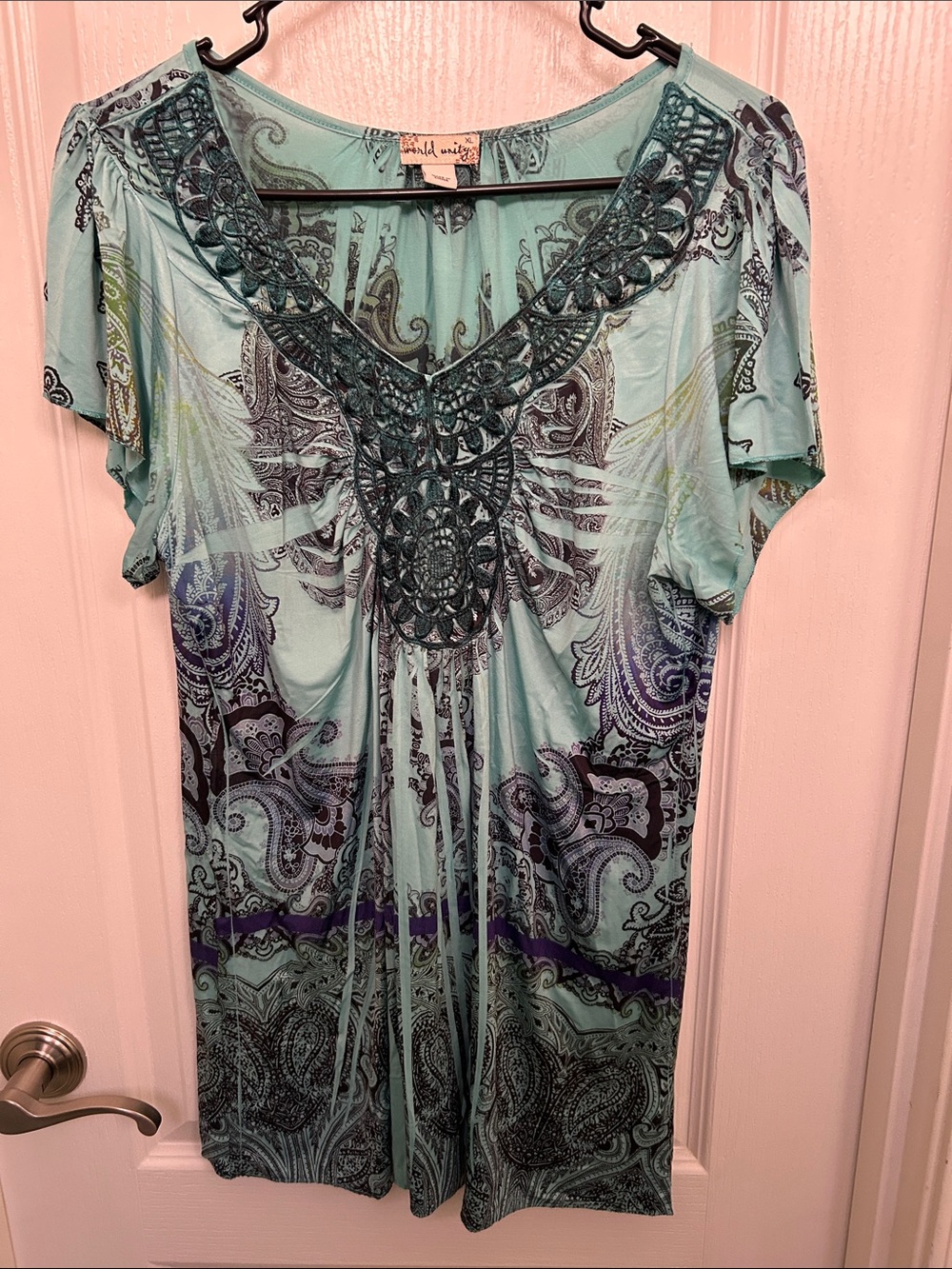 Ariella Mint Paisley Crochet-Trim Blouse